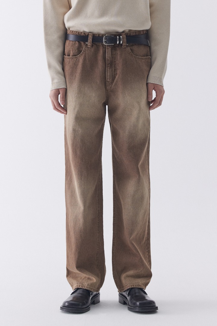 Washed Semi Wide Denim Pants - Brown